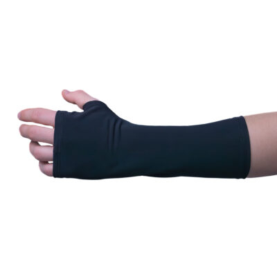 Black elastic arm cast cover, protecting from dirt and providing comfort during recovery.