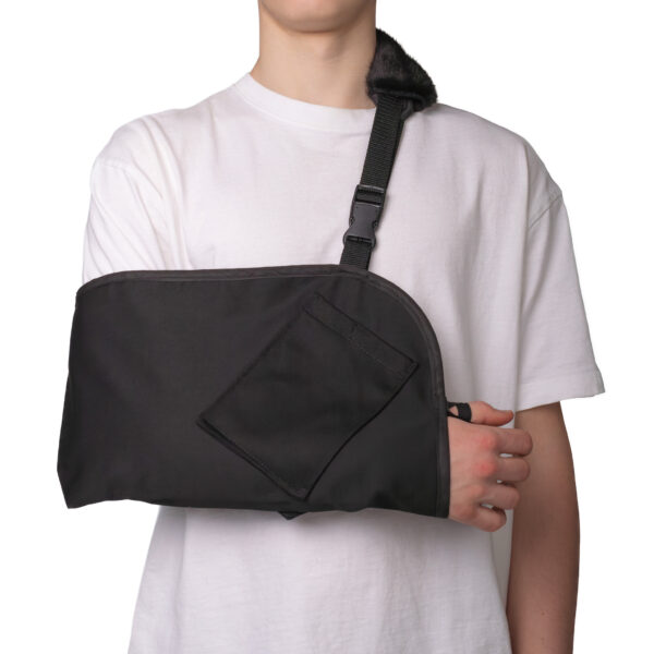 Black arm sling with an adjustable strap and thumb loop for added stability.