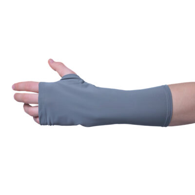 Grey elastic arm cast cover, protecting from dirt and providing comfort during recovery.