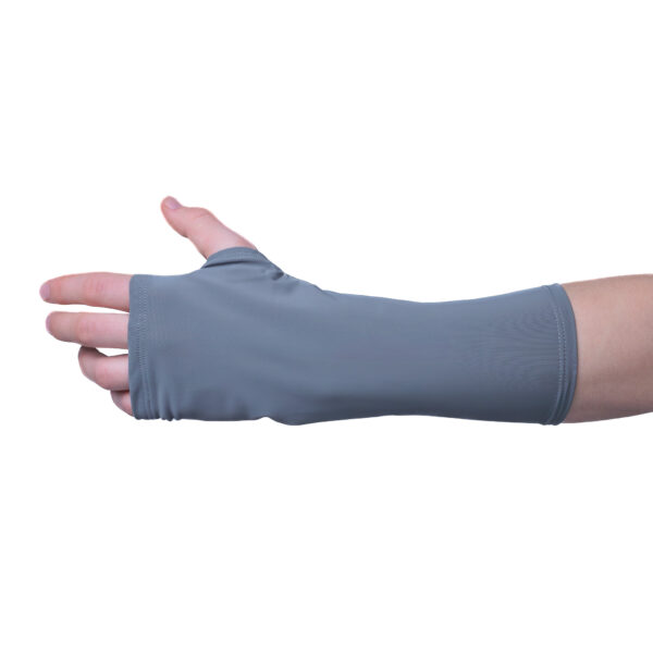 Grey elastic arm cast cover, protecting from dirt and providing comfort during recovery.