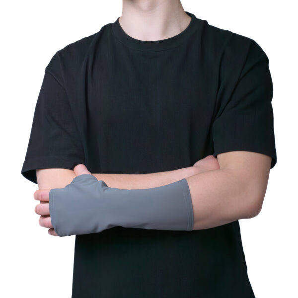 Gray elastic arm cast cover – protection from dirt.