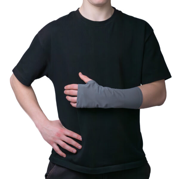 Gray, elastic cover for an arm cast.