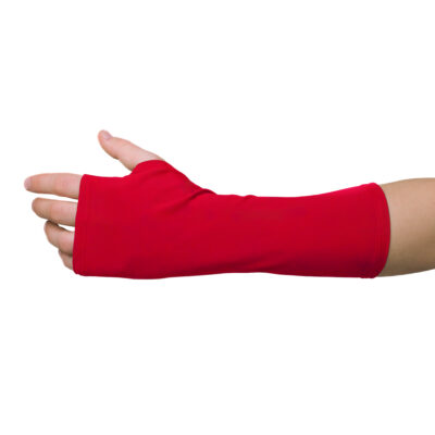 Red elastic arm cast cover, protecting from dirt and providing comfort during recovery.