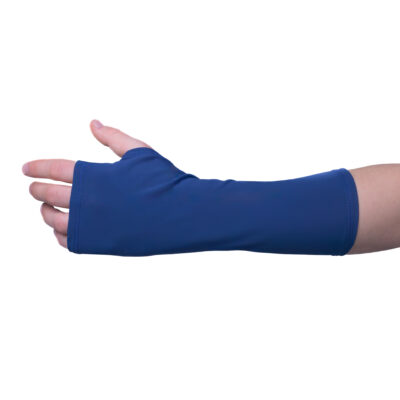Blue elastic arm cast cover, protecting from dirt and providing comfort during recovery.