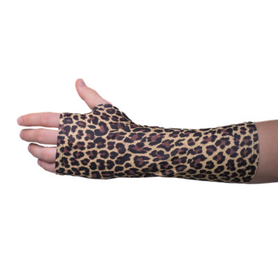 Brown elastic arm cast cover with leopard print, stylish protection from dirt and scratches.