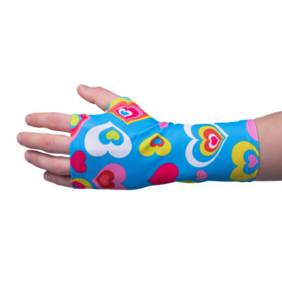Light blue elastic arm cast cover with heart pattern, protecting from dirt and adding a cheerful touch to your recovery.