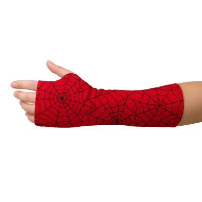 Red elastic arm cast cover with web design – superhero-inspired protection in style.