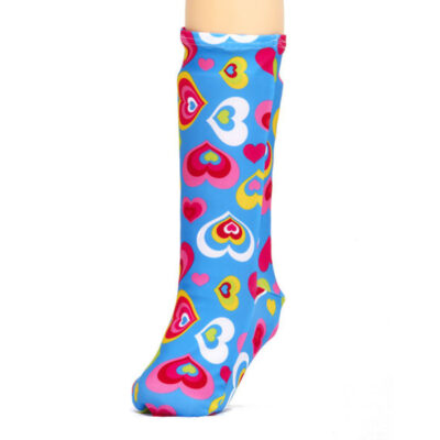 Stylish and comfortable light blue leg cast cover with heart patterns.