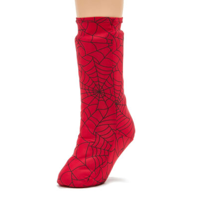 Stylish and comfortable red leg cast cover with a spiderweb pattern.