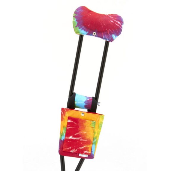 Rainbow pattern crutch accessories – padding and a pouch for enhanced comfort.