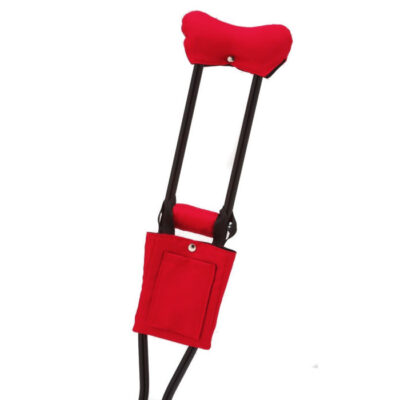 Red crutch accessories – padding and a pouch for enhanced comfort.