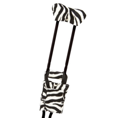 Zebra pattern crutch accessories – padding and a pouch for enhanced comfort.