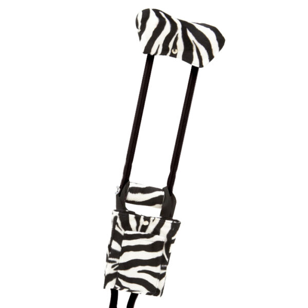 Zebra pattern crutch accessories – padding and a pouch for enhanced comfort.