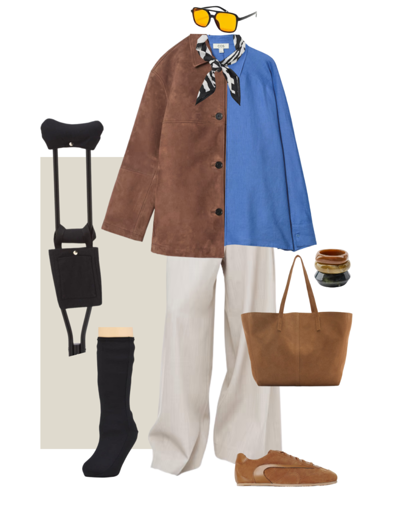 Black orthopedic accessories styled with casual and earthy-toned clothing