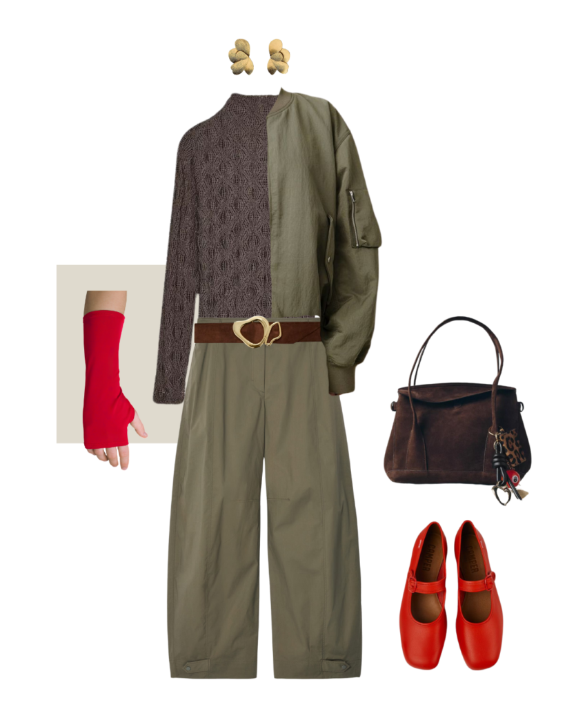 Red arm cast cover matched with earthy tones and ballet flats for a trendy seasonal outfit
